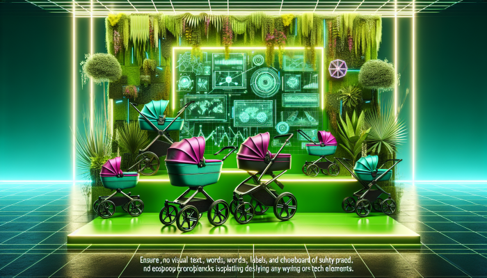 Eco-friendly pram on pram.co.za, vibrant, trendy, with lush greenery and modern design.