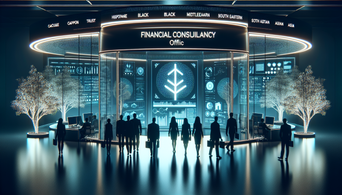 Modern financial office with "arbor" sign, clients entering confidently, symbolizing trust and authority.