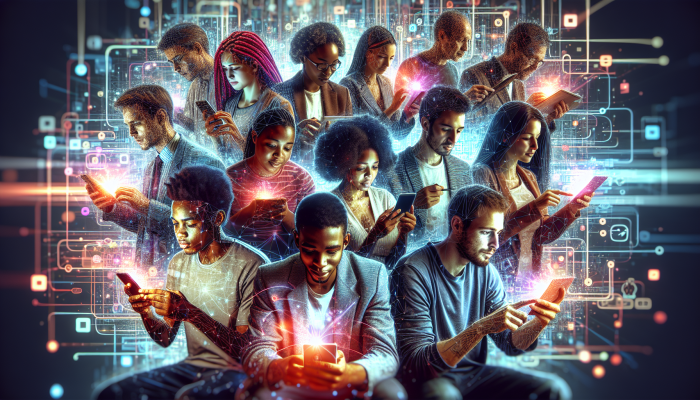 South Africans using smartphones and laptops, connected by glowing digital networks, symbolizing digital and entrepreneurial growth.