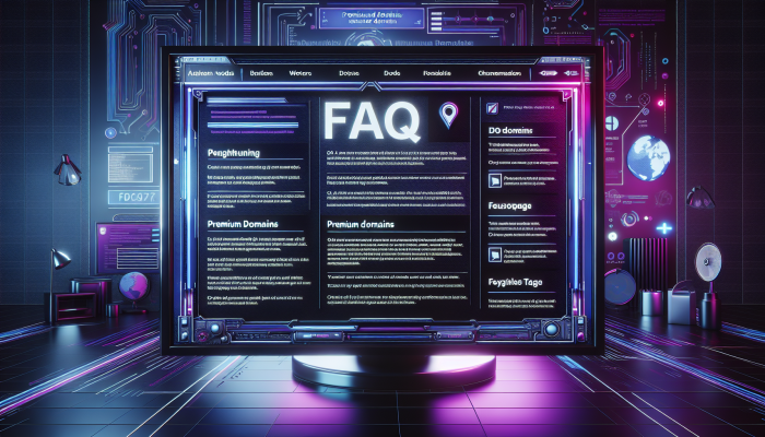 Modern FAQ page on screen with "Premium Domains" text and clear graphics.