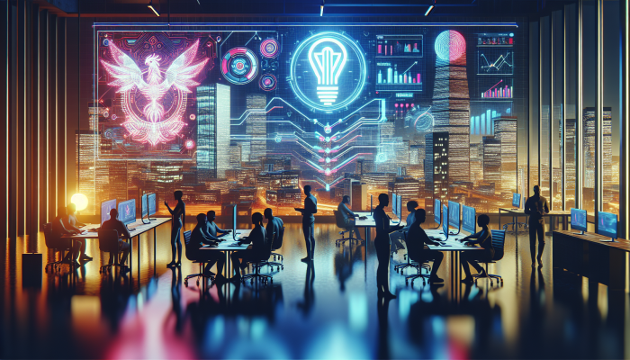 Tech startup logo on vibrant digital interface, symbolizing innovation and efficiency.