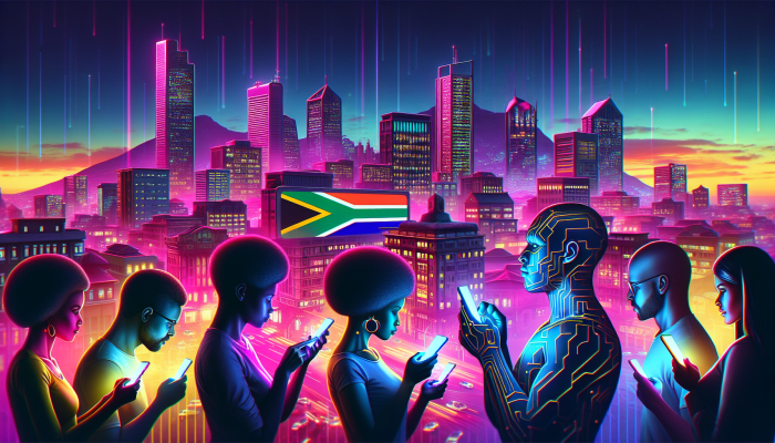 South African cityscape, people using mobile devices, symbolizing digital growth, 'codes.co.za' displayed.