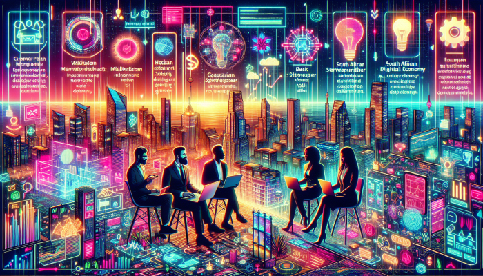 South African tech hub with diverse entrepreneurs and modern cityscape symbolizing digital economy growth.