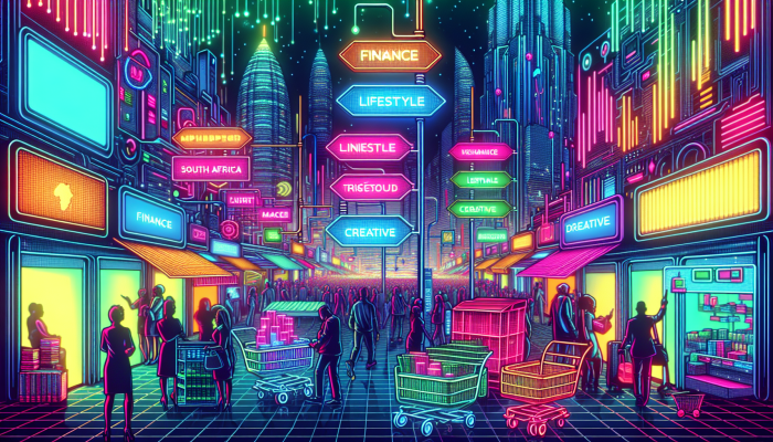 Vibrant digital marketplace carts in South Africa, representing finance, lifestyle, and creative sectors, full of innovation.