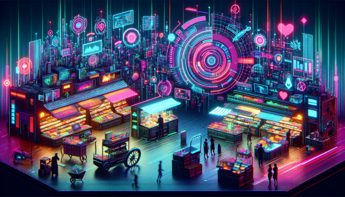 Futuristic digital marketplace with vibrant carts, symbolizing South Africa's digital transformation and entrepreneurship.