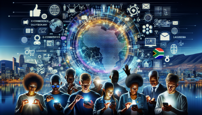 Digital network across South Africa, young users on mobiles, e-commerce and social media symbols.