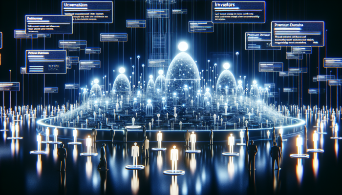 Futuristic digital landscape with investors placing premium domains like cells.co.za, symbolizing South Africa's digital growth.