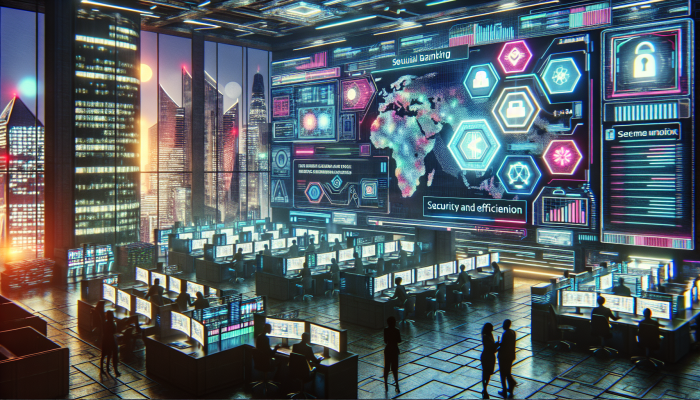 Futuristic South African fintech hub with mobile banking and blockchain technology, vibrant digital interfaces.