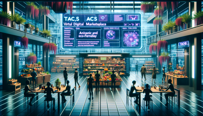 "Vibrant digital marketplace on tacs website with artisanal, eco-friendly products and diverse customers."