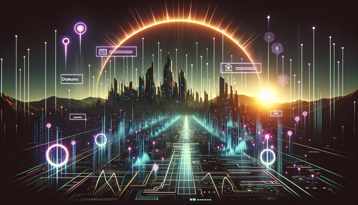 Digital landscape with glowing 'tacs' domains, rising graphs, and futuristic cityscape backdrop.