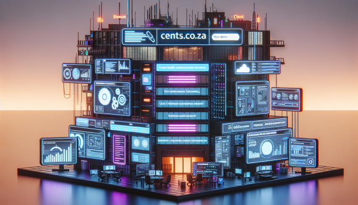 Futuristic South African tech hub with vibrant digital interface and 'cents.co.za' domain.