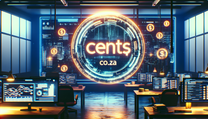 Futuristic digital marketplace with glowing 'cents.co.za' sign, symbolizing investment growth in South Africa.