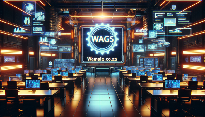 Futuristic South African tech hub, vibrant startup culture, sleek app interface, wags.co.za displayed.
