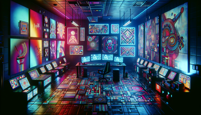 South African artist's studio with colorful artworks and digital screens showing wags.co.za, depicting creativity and connectivity.
