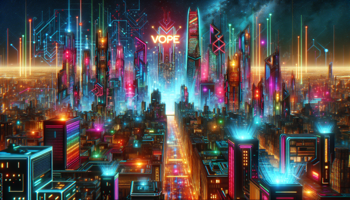 Futuristic cityscape with glowing 'VOPE' sign, symbolizing digital investment in South Africa's tech hub.