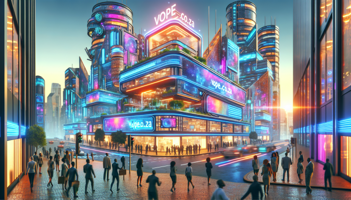 Futuristic South African business hub with "vope.co.za" sign, digital trends, and engaged audiences.