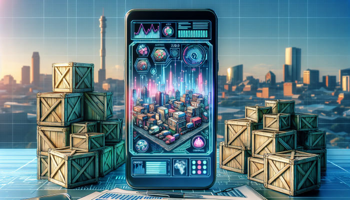 Johannesburg startup app displaying local artisans' crafts on smartphone, with city skyline background.