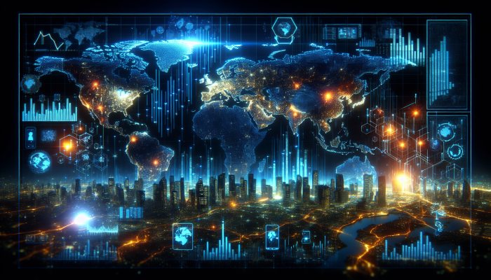 Vibrant world map with glowing domain names above bustling cities at night, highlighting key markets.