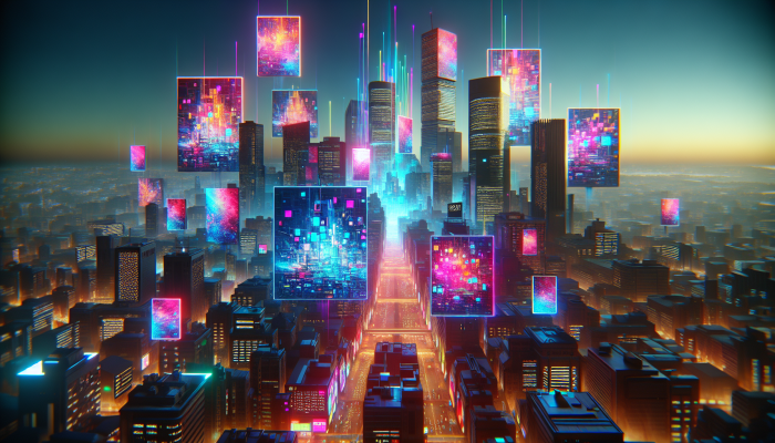 Johannesburg skyline with artists displaying portfolios on billboards for personal branding and creativity.