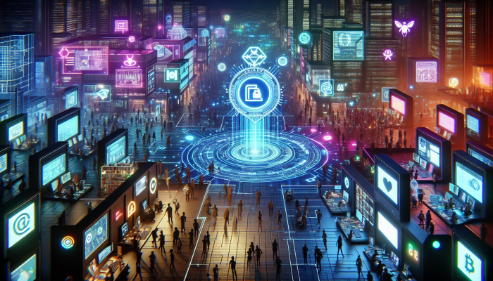 "Vibrant South African digital marketplace with tech startups and e-commerce, highlighted by glowing 'gbyte' sign."