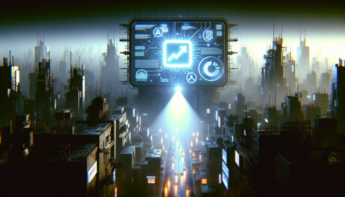 "Glowing digital billboard displaying short domain, rising graph, and spotlight for brand recognition and SEO."