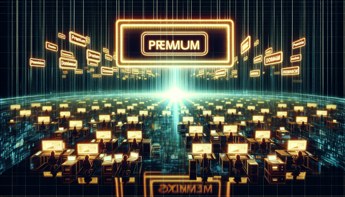 Glowing premium domain sign towering over smaller signs, symbolizing SEO dominance and trust in digital marketplace.