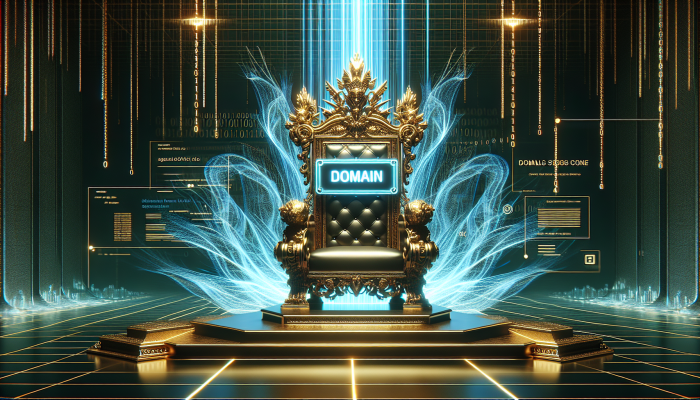 Majestic golden throne with glowing domain plaque, surrounded by swirling binary code and ethereal light.